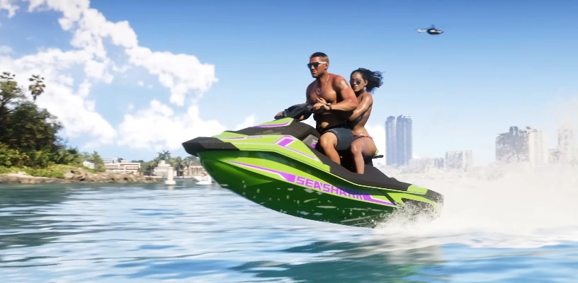 Screenshot 2026 07 30 121641 Jason and Lucia riding a green jet ski along the coast with Miami skyline in the background