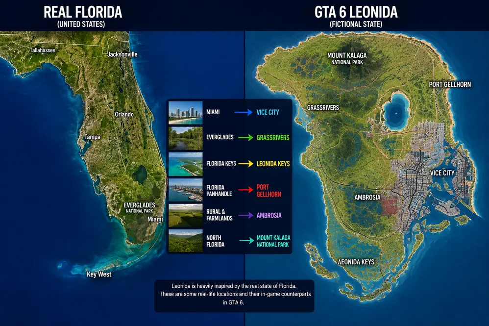 florida vs leonida map GTA 6 Leonida map compared with real Florida showing Vice City, Grassrivers, Leonida Keys, Port Gellhorn, Ambrosia and Mount Kalaga