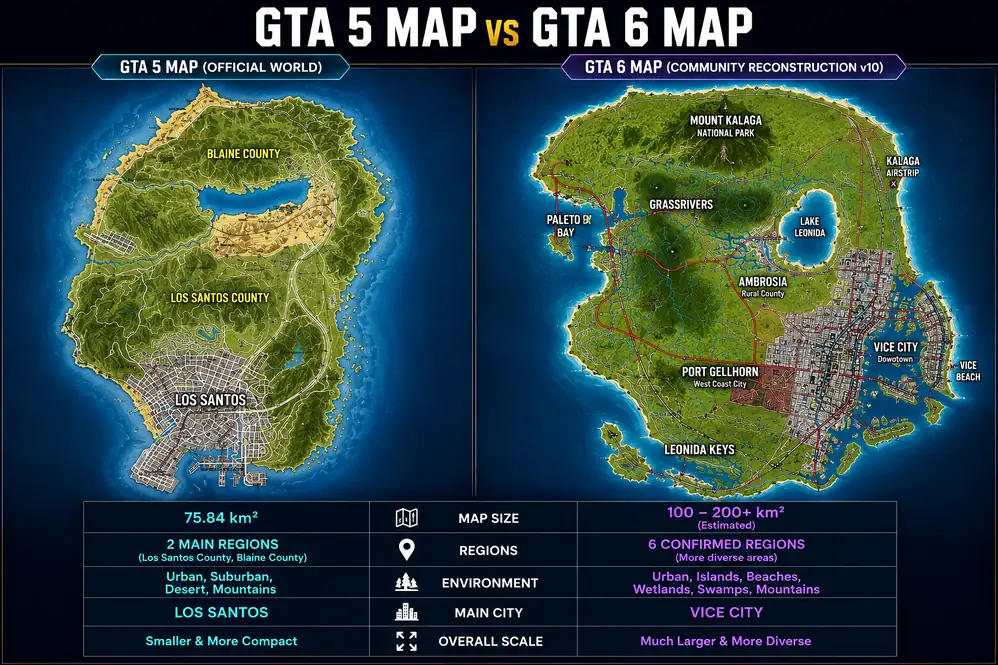 gta5 vs gta6 map GTA 6 Leonida map compared with the GTA 5 Los Santos map showing differences in map size, regions, and overall world scale