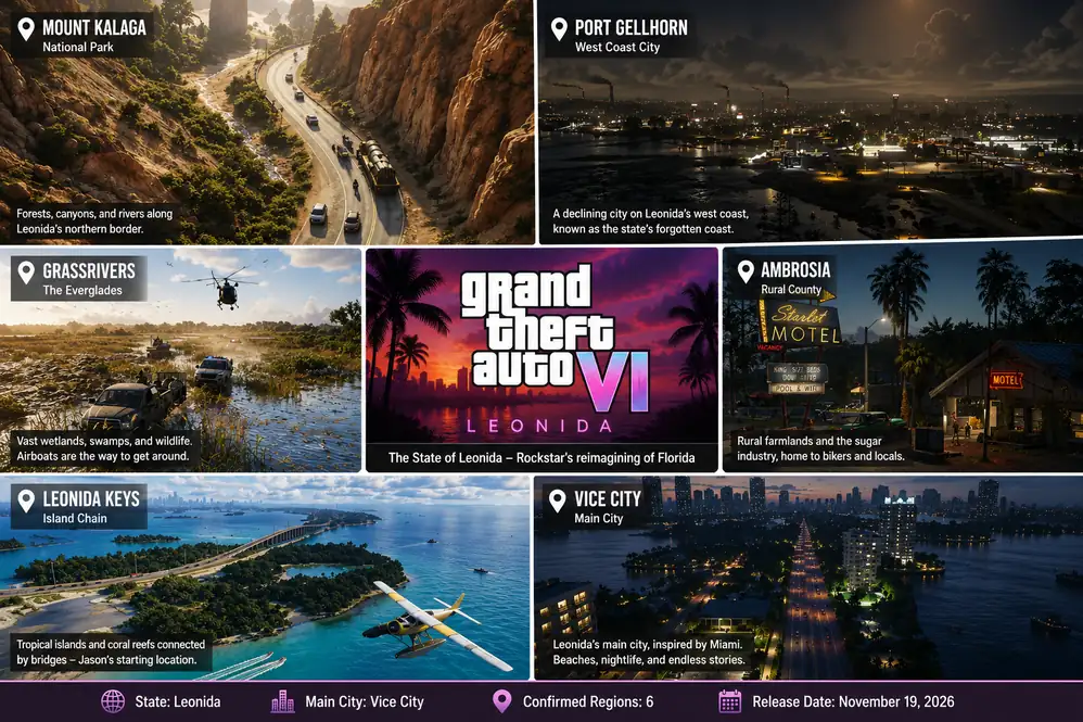 gta6 leonida map all 6 locations collage