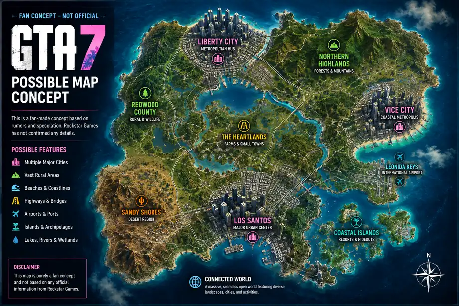 map GTA 7 possible map concept with multiple cities and locations